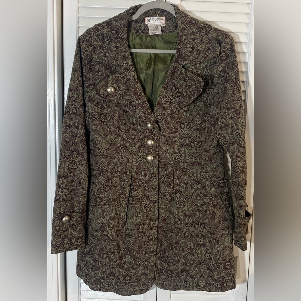 Papillon LA Coat Size M Brown/Green Lined Pleats Pockets Decorative Tab Sleeves